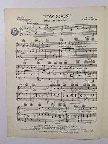 How Soon? 1947 Vintage Sheet Music - Bing Crosby & Carmen Cavallaro Duet - Picture 2 of 3