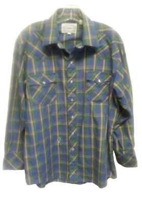 Vintage ATB Mens Western Shirt Size 16 1/2 Pearl Snaps Blue Green Plaid Grunge