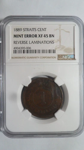 Straits Settlements 1 Cent Reverse Laminations, 1889, NGC XF 45 BN Error