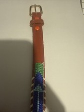 Vintage BEADED Woman  s Leather Cowhide BELT skinny 34/36 Western Aztec Style