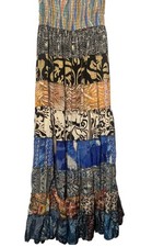 Recycled Silk Blend Floral Patchwork Tiered Ruffle Skirt Free Sz Gypsy Boho