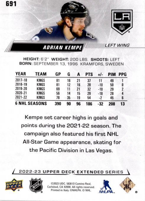 5 CARD LOT -2022-23 Upper Deck Extended Series - All-Star Team Adrian Kempe #691 - Image 2 of 2