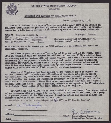 WILLIAM O. DOUGLAS - DOCUMENT SIGNED 11/23/1964 CO-SIGNED BY: CLYDE J. HANNA
