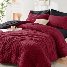 Red Black Queen Comforter Set Seersucker 7 Pieces, Queen 88"x 88" Red/Black