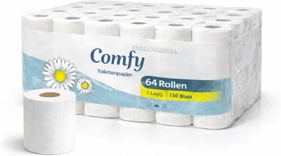 Comfy Premium Toilettenpapier 3-lagig   64 Rollen, 150 Blatt pro Rolle, extra we