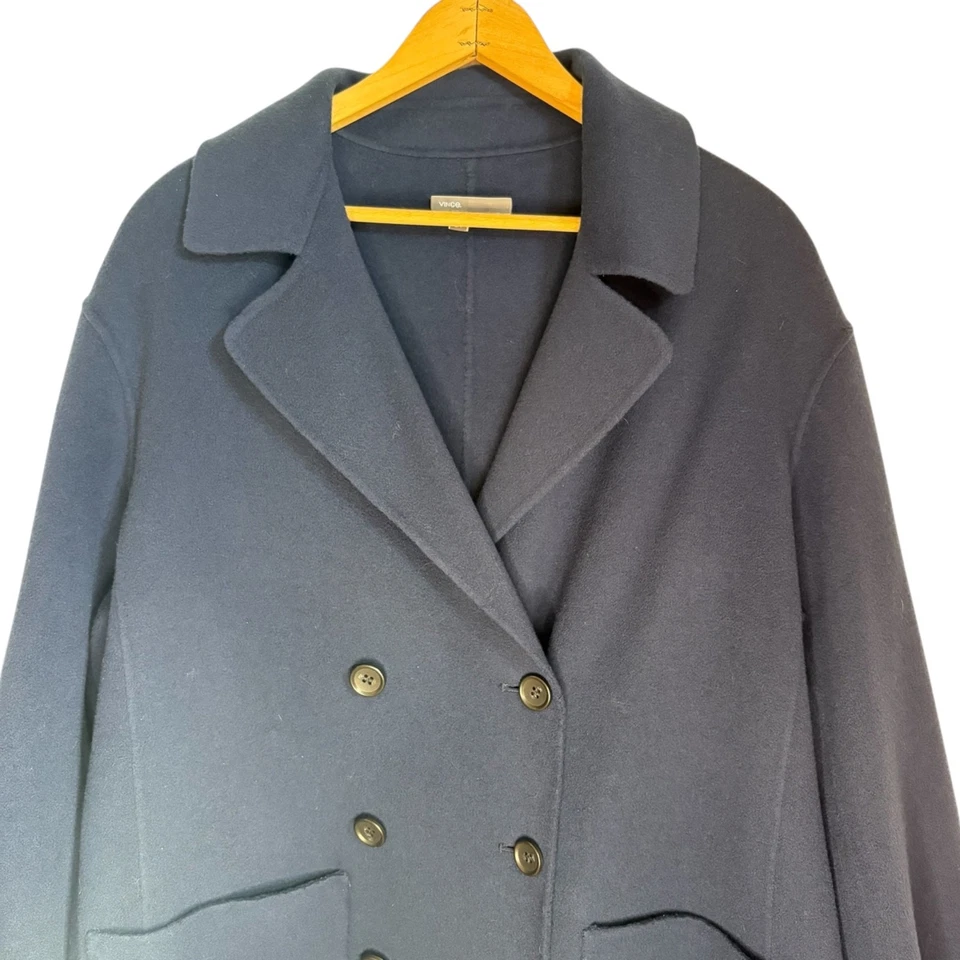 Vince Women's Navy Double-Breasted Wool Coat Size Large Long Overcoat Luxury - Image 2 of 4