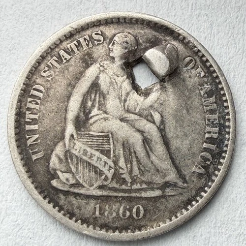 1860 O Seated Liberty Half Dime 90% Silver VF Details Holed U.S. Type Coin