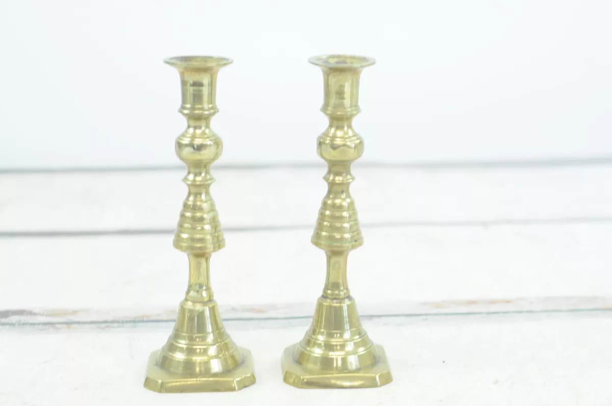 Pair of Mid 1800s Brass Candle Stick Holders Beautiful Beehive
