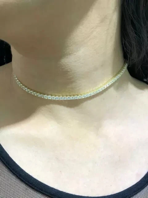 Collar gargantilla tenis chapado en oro amarillo de 14K plata diamante blanco 3 mm de ancho 16 pulgadas Foto 4 de 4