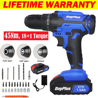 21V Electric Drill 3/8'' Power Cordless Screwdriver Driver LED Set with Battery