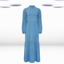 Ex Women’s Tall Size Chambray Tiered Smock Maxi Dress in Blue (Defect)