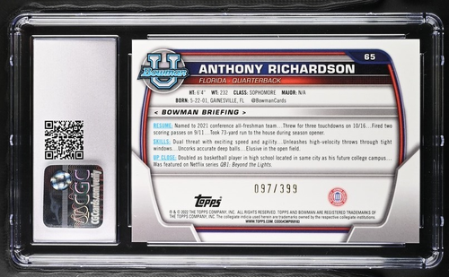 2022 BOWMAN U CHROME ANTHONY RICHARDSON PURPLE MINI DIAMOND REF ROOKIE🔥97/399🔥 - Picture 2 of 2