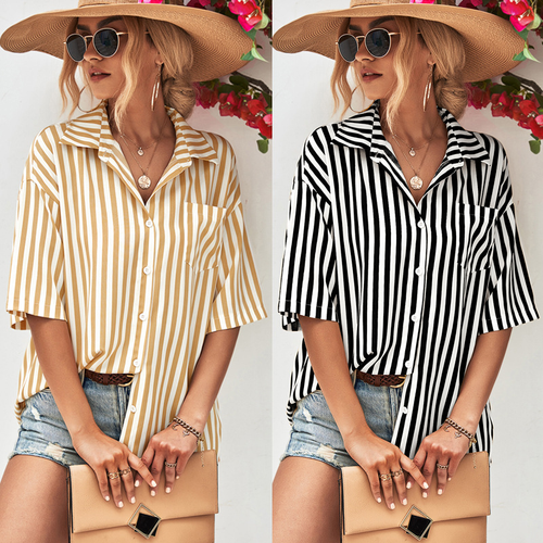 Women's Top Summer New Fashion Striped Printed Short Sleeve Pocket Shirt