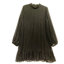 BCBG Paris Womens Black Shimmer Dress L Ruffle Hem Gold Metallic Threads