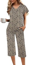 Womens Ruffle Short Sleeve Pajama Set Top Capri Pants 2 Piece Comfy Lounge S-XXL