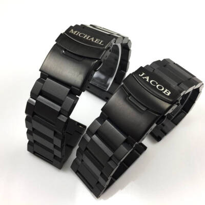 Name Engraved Personalized Steel Black Replacement Watch Band Double Lock 5002
