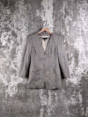 Escada Coat EU 34 Womens Gray Beige Wool Silk Tweed Front Pocket V Neck Jacket