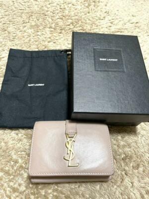 Auth Saint Laurent TriFold Purse #1401 Mini Wallet YSL Pink Beige Leather  Italy