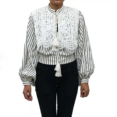 Uterque Striped Floral Crochet Lace Cropped Shirt Blouse Top Buttondown S 275079