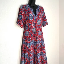 Soft Surroundings Med Midi Dress Red Blue Paisley VNeck Tiered Cottagecore Indie