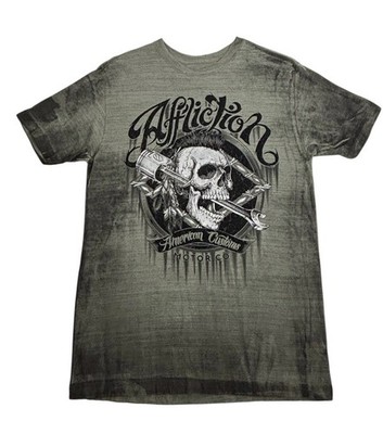 Affliction T-Shirt Mens Medium Black Green Acid Wash Skull Embroidered READ