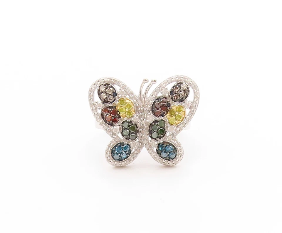 Anillo de plata de ley 925 vintage diamantes reales racimo de mariposas talla 7 RG33629 Foto 2 de 4