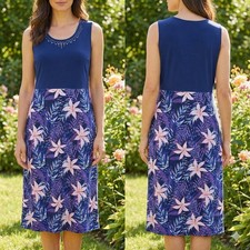Blair Dress Petite Medium PM Navy Blue Floral Studded Sleeveless Knit