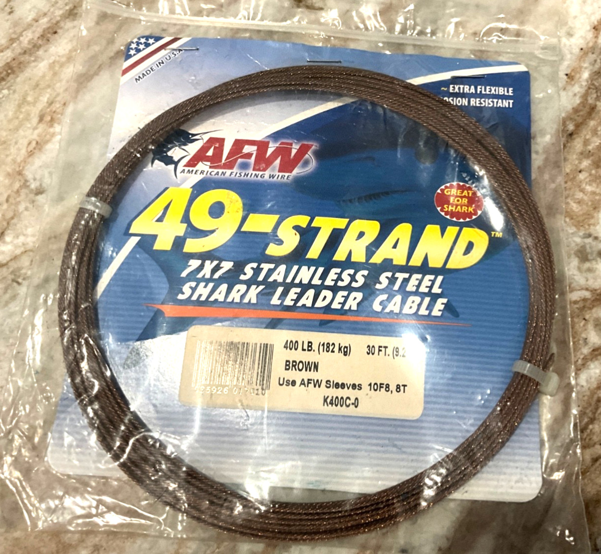 AFW 49 Strand Stainless SHARK Wire Leader CABLE ~ 30 FT   Brown  400 LB K400C