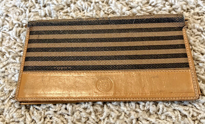 Vintage Fendi Checkbook Wallet Tan Brown Stripe Canvas Leather Authentic, #233