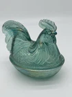 VTG Fenton Iridescent Carnival Glass Teal Rooster Hen On A Nest Manganese Glow