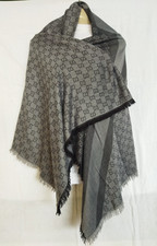 GG GUCCI Scarf 65 Silk 35 Wool Shawl Gray Stole Fringes Wrap