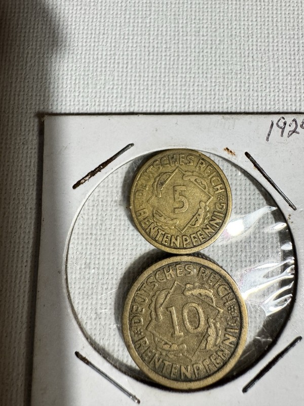 1924 Germany 5 & 10 Rentenpfennig Coins A & F Mint Weimar Republic Lot