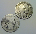 Lot of Two Barber Half Dollar Coins 90% Silver, 1908-D and 1909,  Cull Condition