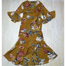 Lulu's Love & Light Mustard Yellow Floral Print Midi Romantic Faux Wrap Dress XS