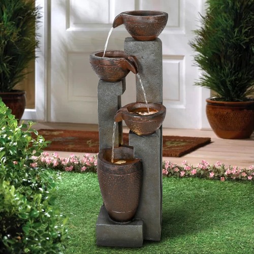 Cascading Tiered Fountain for Patio – Resin Water Feature w/LED Lights for Home