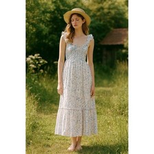 American Eagle Blue Floral Flutter Sleeve Smocked Midi Dress Cotton Women XS