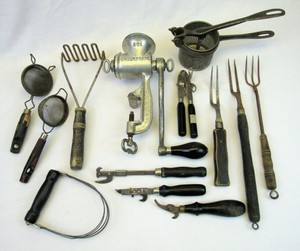 Vintage Kitchen Gadgets Black Wood Handle Can Opener Fork Grinder