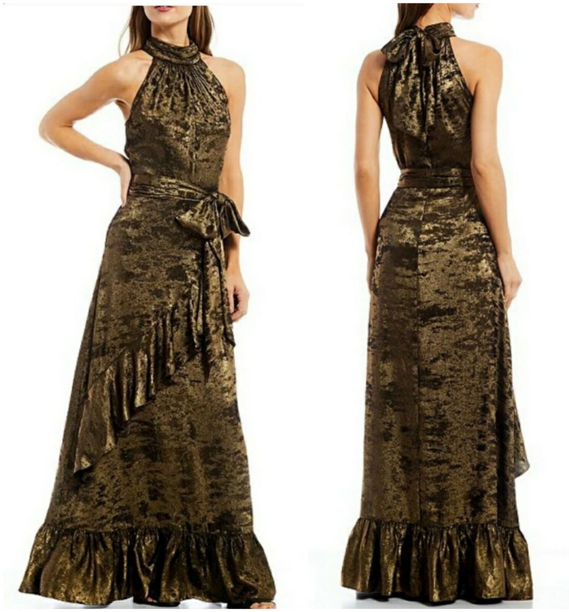 Alex Marie Dress Gown - Size 4 - Halter Neck Tiered Ruffle Hem Gold - NWT
