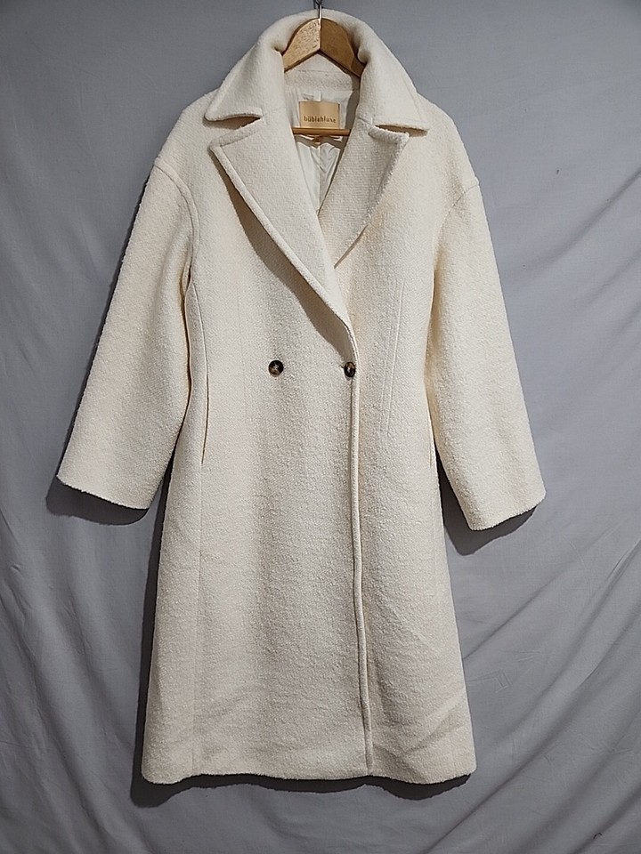 Bubishluxe White Wool Blend Double Breasted Long Coat Size XL Lined Pockets