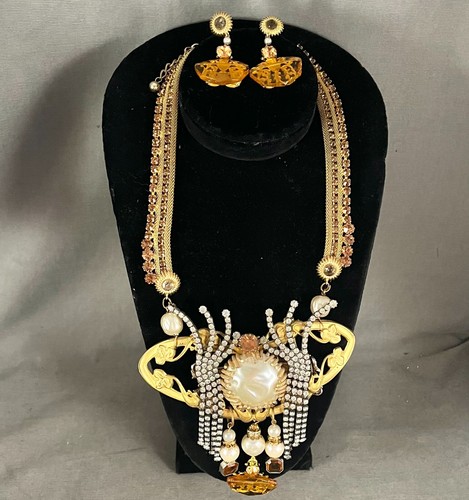 Impresionante juego de collar de montaje en pista, topacio, tono dorado, perla, diamantes de imitación - Imagen 4 de 8