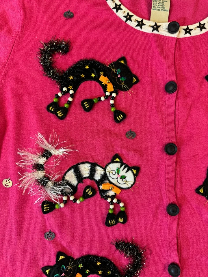 VTG Design Options Cardigan Sweater Womens 2X Cat Halloween Whimsical Witchy Y2K - Image 4 of 4