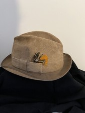 VTG Fedora Hat Tan Brown Genuine Suede Leather 7-3/8