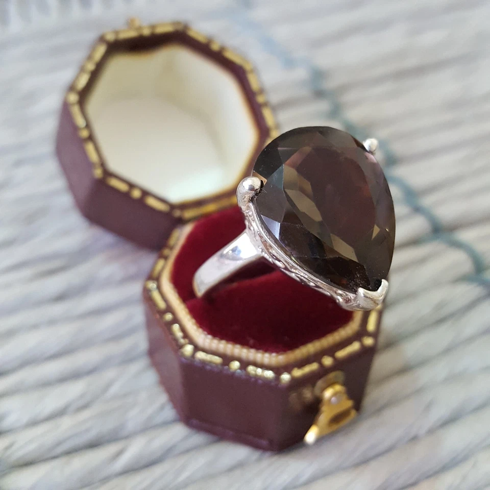 Anel de prata esterlina 925, anel de quartzo fumê genuíno, lágrima, tamanho U EUA 10 - Imagem 2 de 4