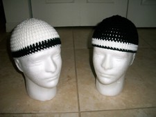 Lot of 2 Handmade Crochet White  Black Stripe Skull Caps Hats Kufi Topi SEE PIC