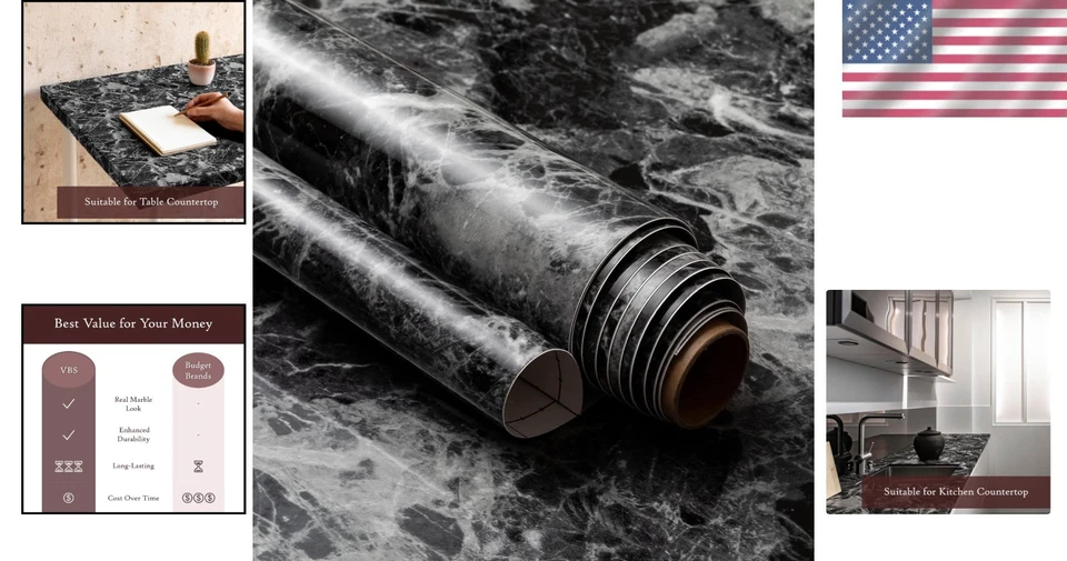 Papel de contato mármore preto casca e vara - 24 x 78 (pacote com 2) para decoração - Imagem 2 de 4