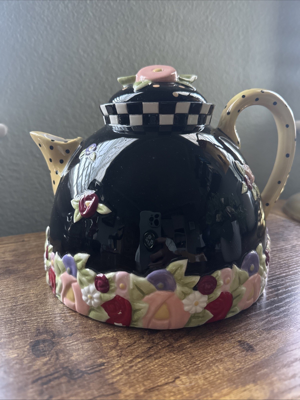 Mary Engelbreit Large Ceramic Teapot w/Lid Black Charpente Checks ME Ink