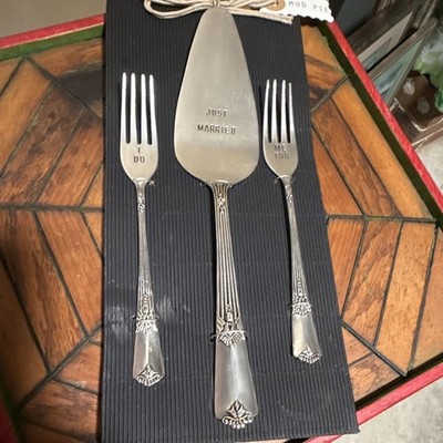 Mud Pie Engraved Just Married Wedding 3-Piece Cake Server & Fork Set Silver
