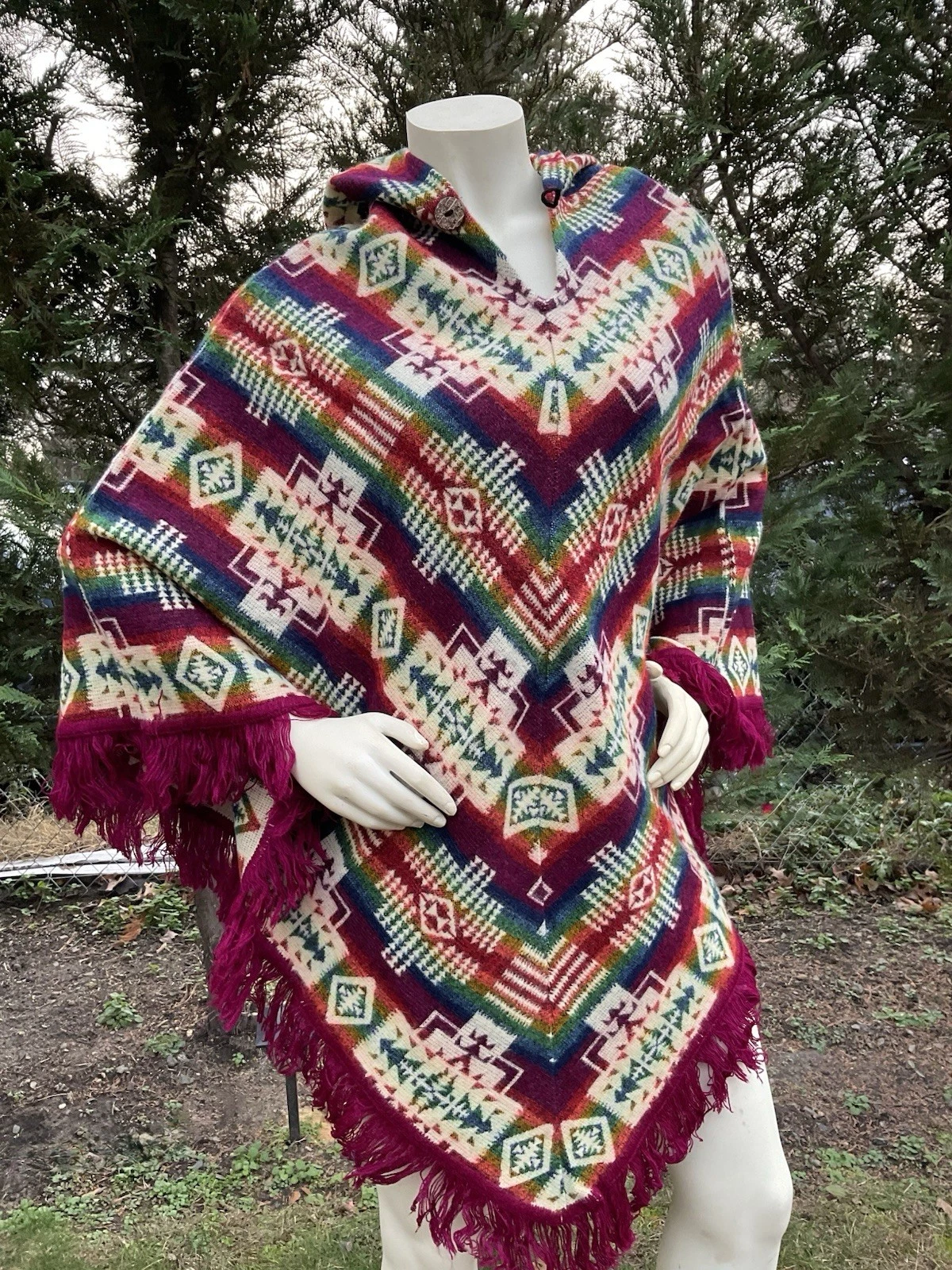 Alpaca Wool Poncho, V Shaped Style, Red White, Lightweight But Super Soft & Warm