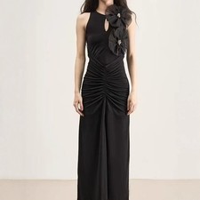 Winter Women's Sexy Sleeveless Black Party Dress Flower Waist Long Evening Dress