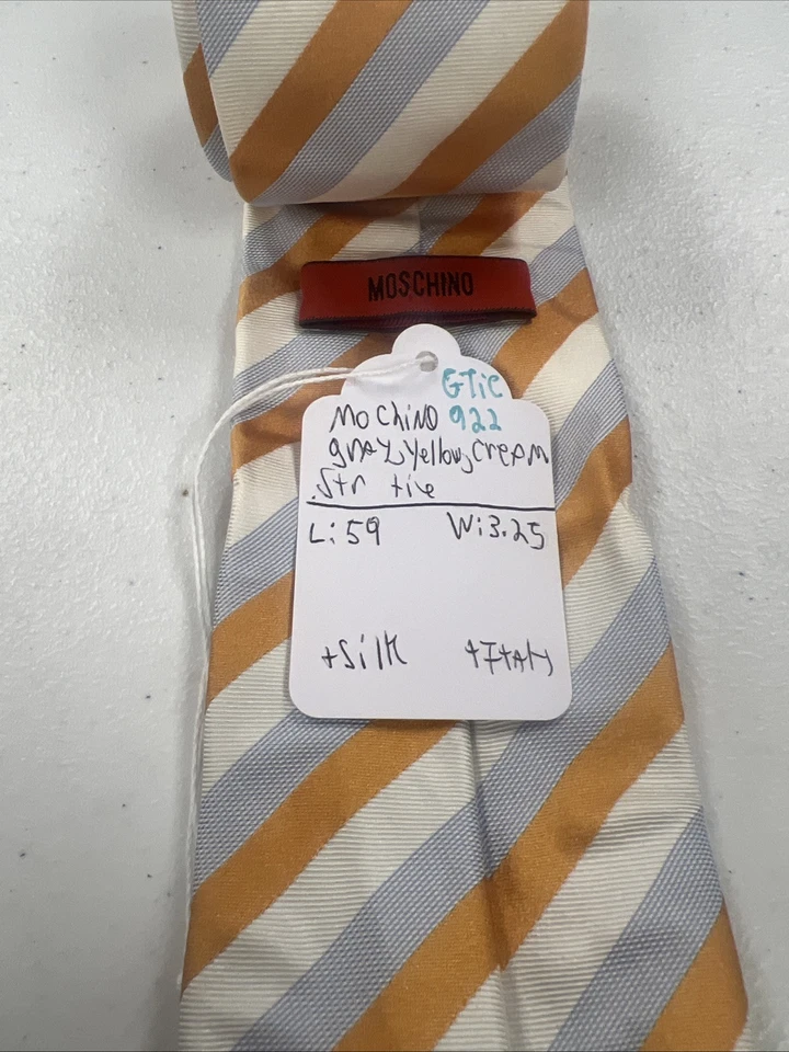 Corbata Moschino para hombre gris amarillo y crema a rayas seda $195 Foto 4 de 4